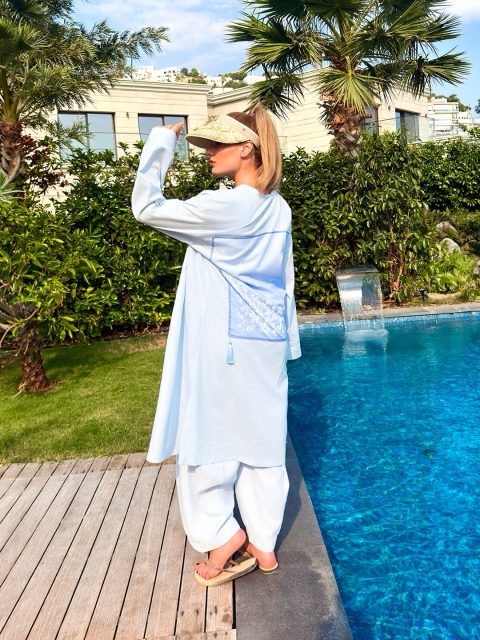 Japon Tenugui Detaylı Keten Kimono Takım - Açık Mavi Tunik & Pantolon