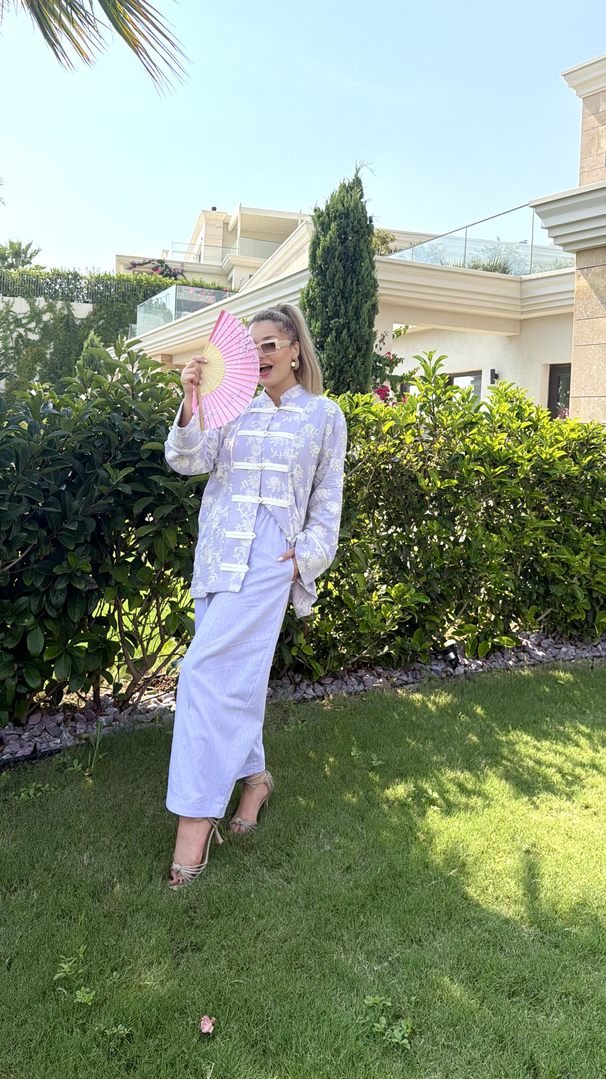FAYY Nakış İşlemeli Müslin Ceket - Lila Çin Yaka Toka Düğmeli Kimono Ceket - Görsel 4