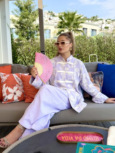 FAYY Nakış İşlemeli Müslin Ceket - Lila Çin Yaka Toka Düğmeli Kimono Ceket