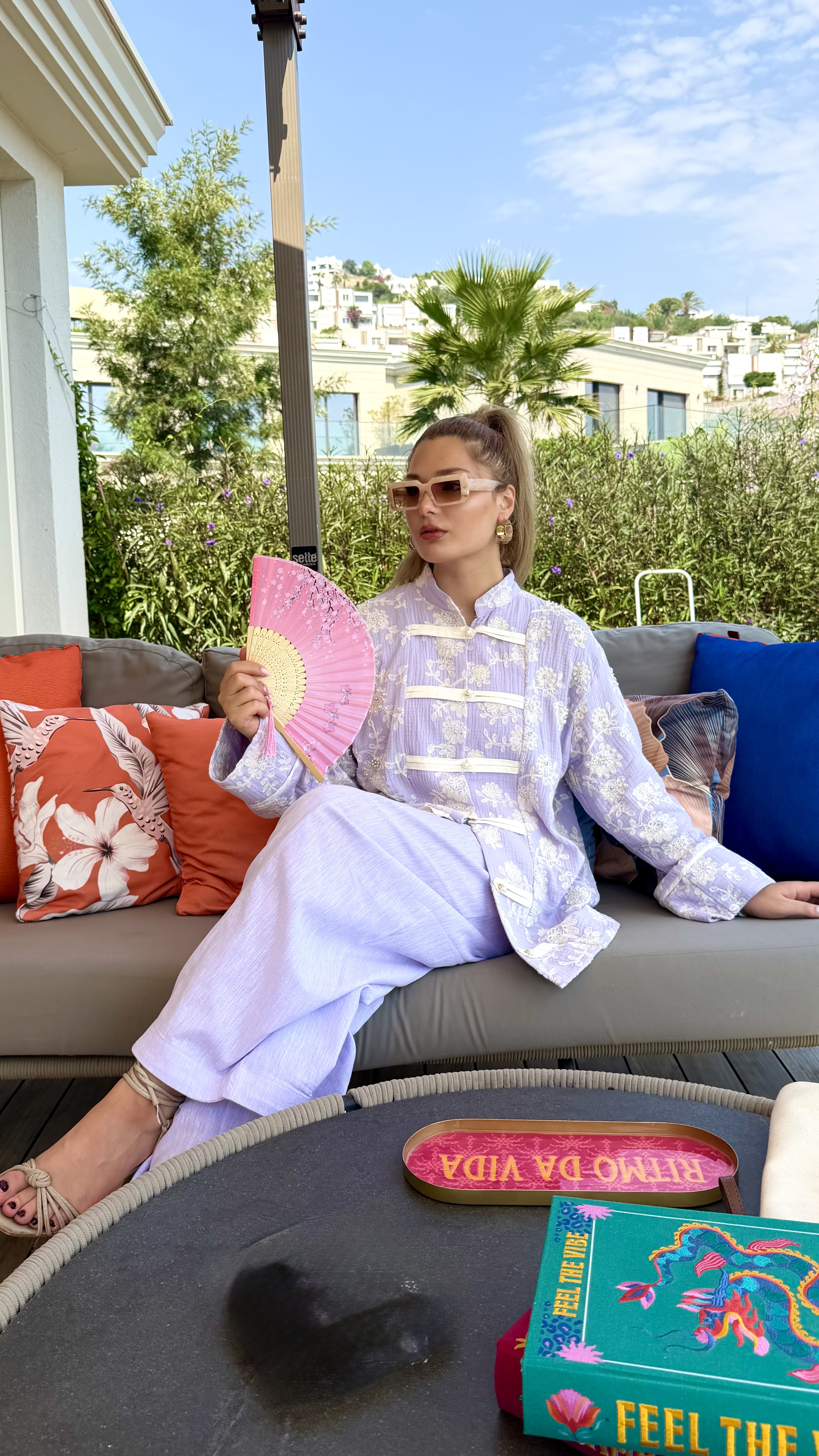 FAYY Nakış İşlemeli Müslin Ceket - Lila Çin Yaka Toka Düğmeli Kimono Ceket
