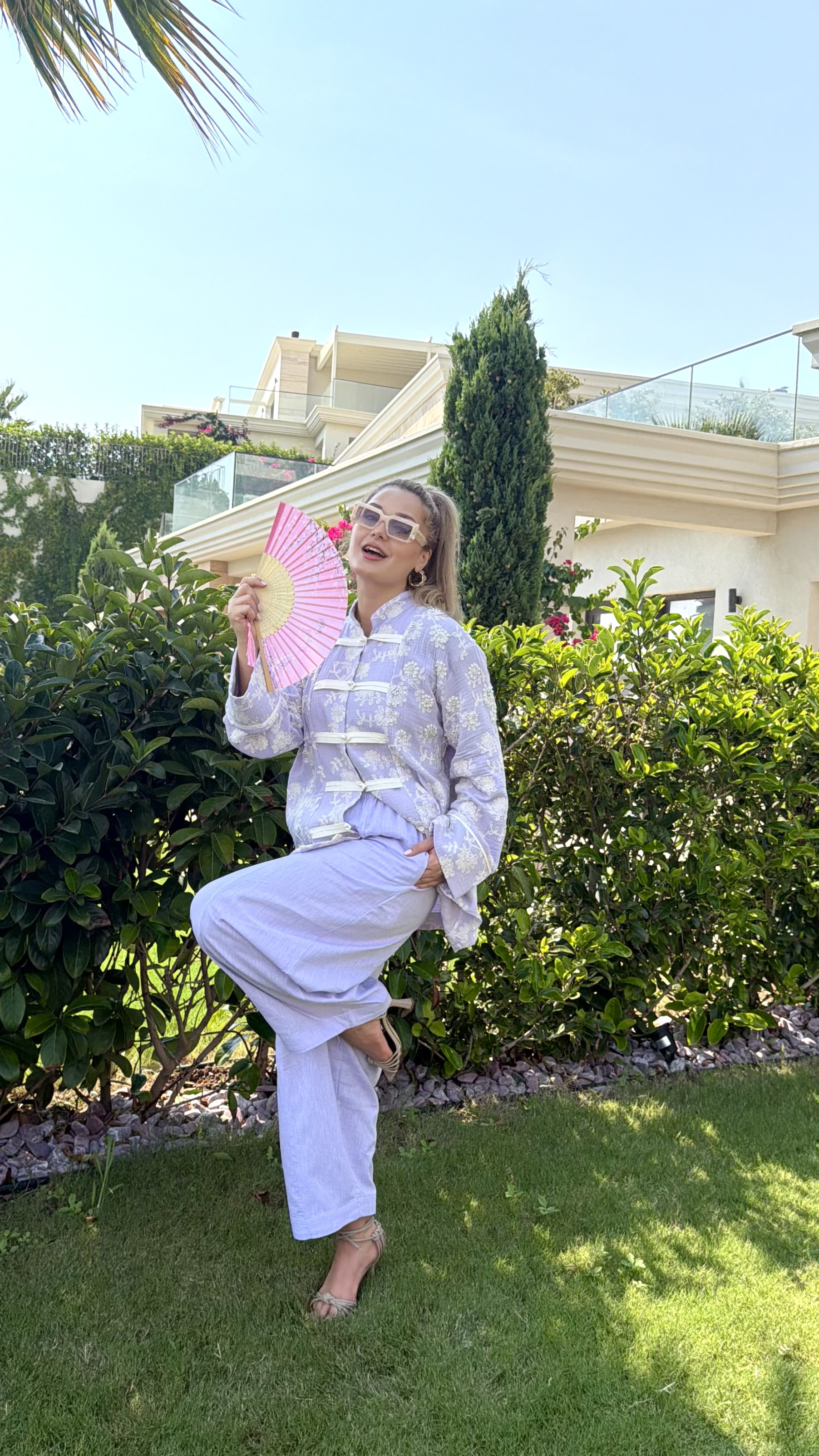 FAYY Nakış İşlemeli Müslin Ceket - Lila Çin Yaka Toka Düğmeli Kimono Ceket - Görsel 3