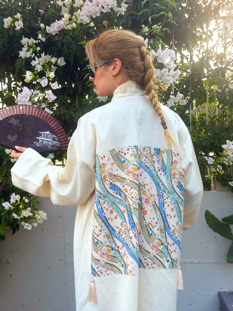 Çiçek Nehir Desenli Dokuma Panel Keten Kimono - Ekru Dik Yaka Kimono