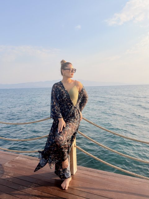 FAYY Butik Tavuskuşu Desenli Şifon Pareo Takım - Lacivert Kimono Takım