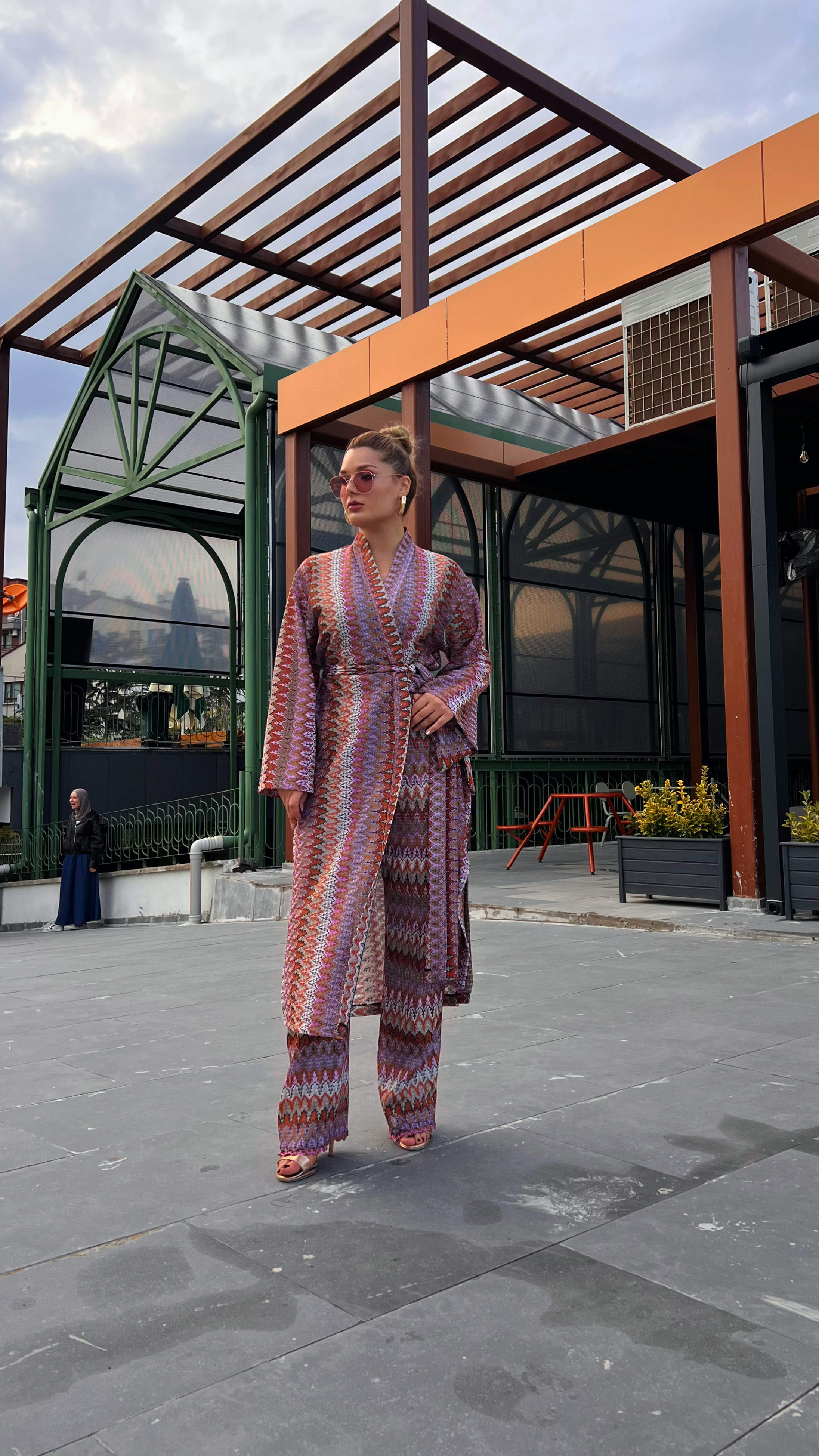 Zigzag Desenli Örme Kimono Takım - Kadın Uzun Ceket Pantolon Kombin - Görsel 4