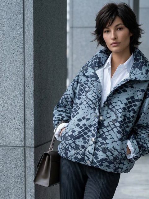 Kadın Desenli Düğmeli Oversize Ceket - Mavi Gri