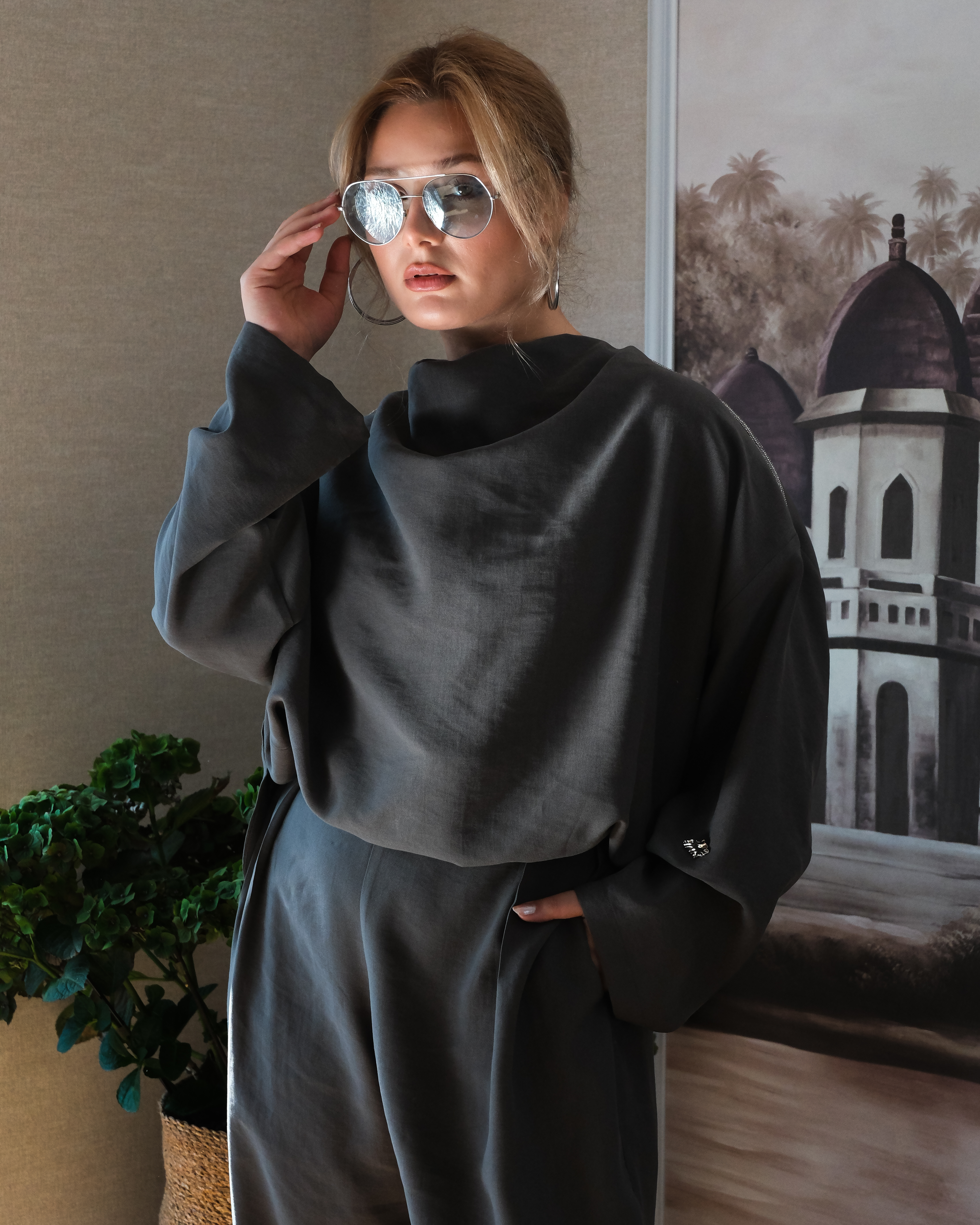 FAYY Kadın Modal Polyester Salaş İkili Takım - Haki Gri - Görsel 4