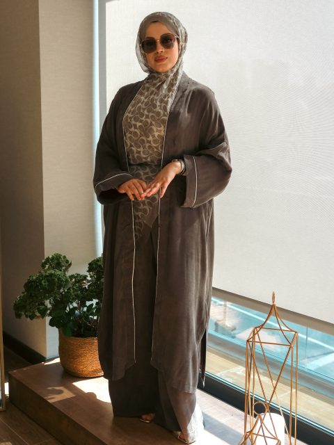 İpek Kupra Kumaş Kimono Takım - Sırtı El Baskılı Gümüş Desenli