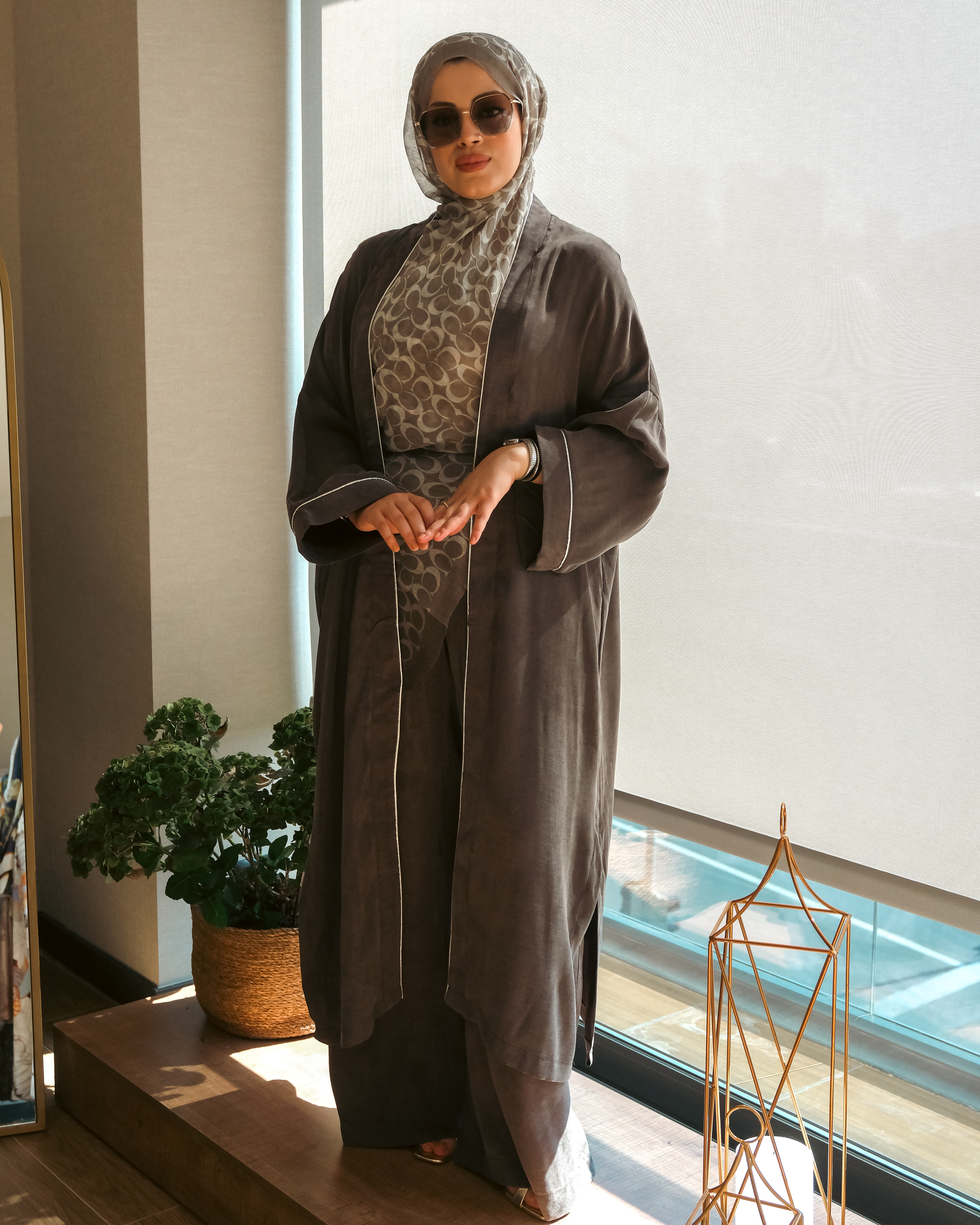 İpek Kupra Kumaş Kimono Takım - Sırtı El Baskılı Gümüş Desenli