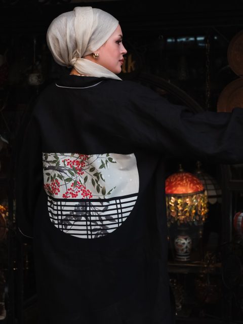 Fayy Kadın Keten Sırtı Tenugui Desenli Kimono - Siyah