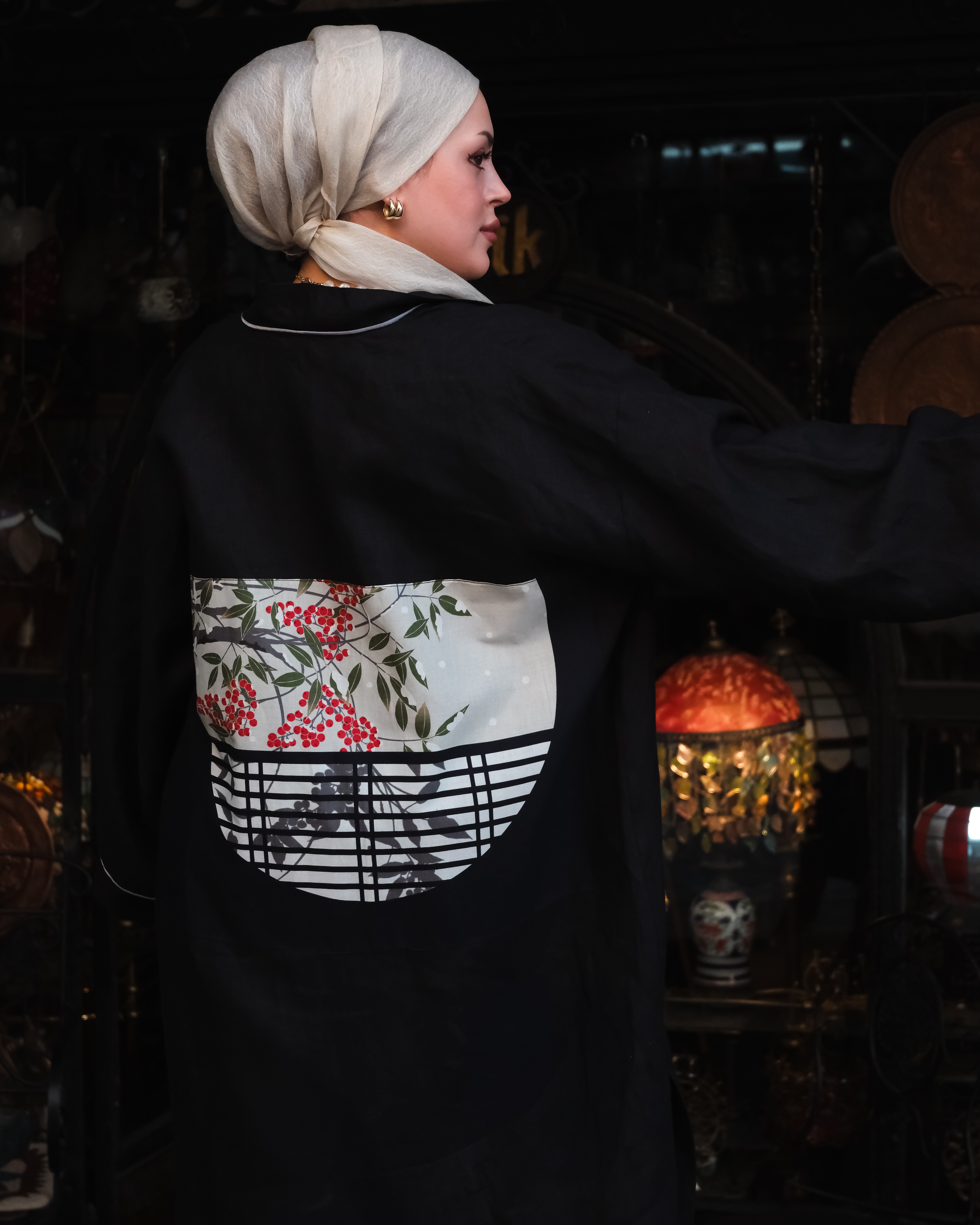Fayy Kadın Keten Sırtı Tenugui Desenli Kimono - Siyah