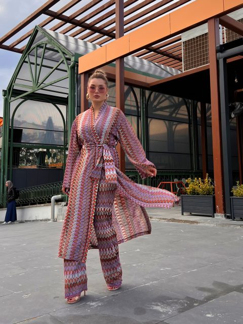 Zigzag Desenli Örme Kimono Takım - Kadın Uzun Ceket Pantolon Kombin