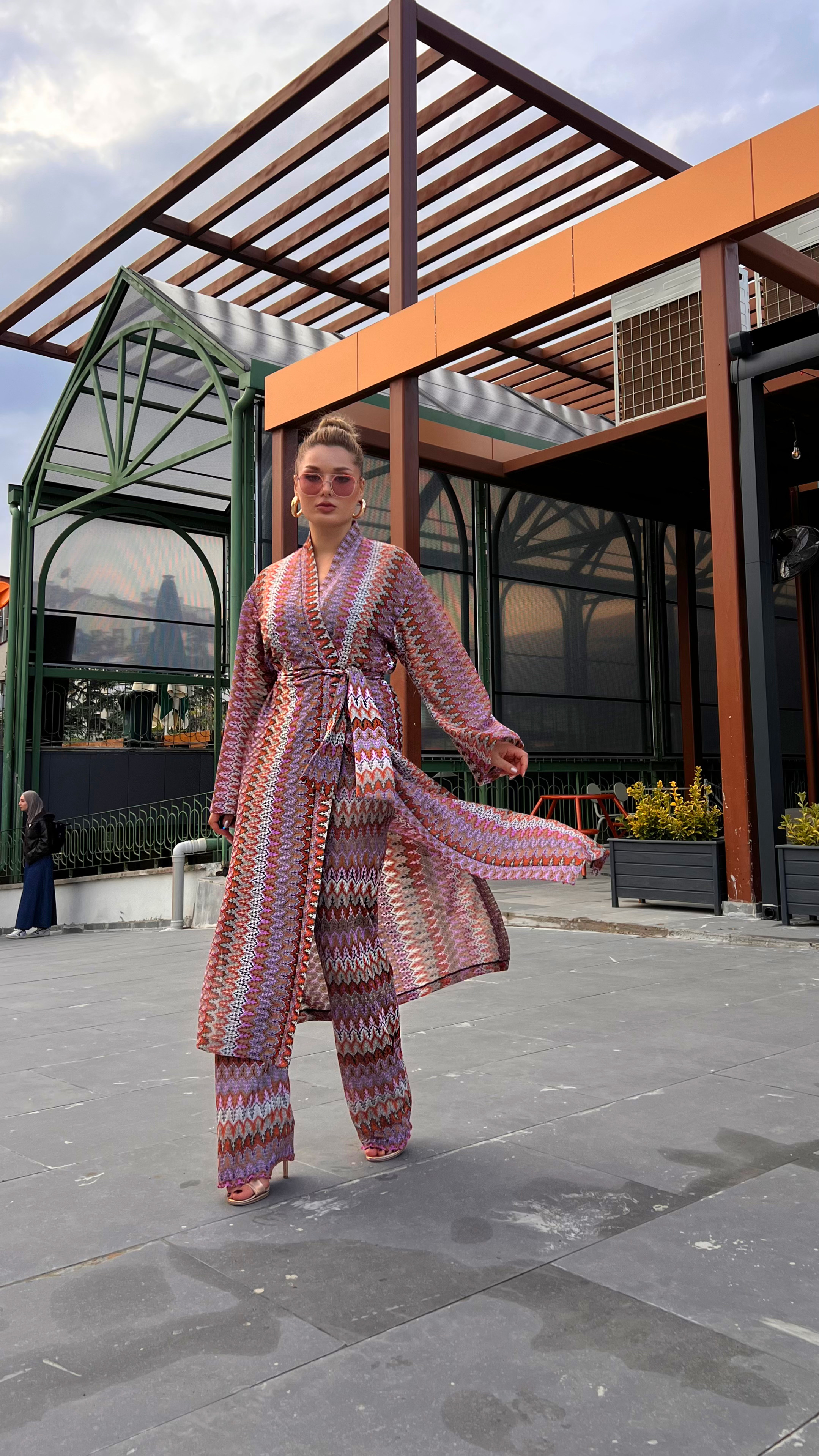 Zigzag Desenli Örme Kimono Takım - Kadın Uzun Ceket Pantolon Kombin