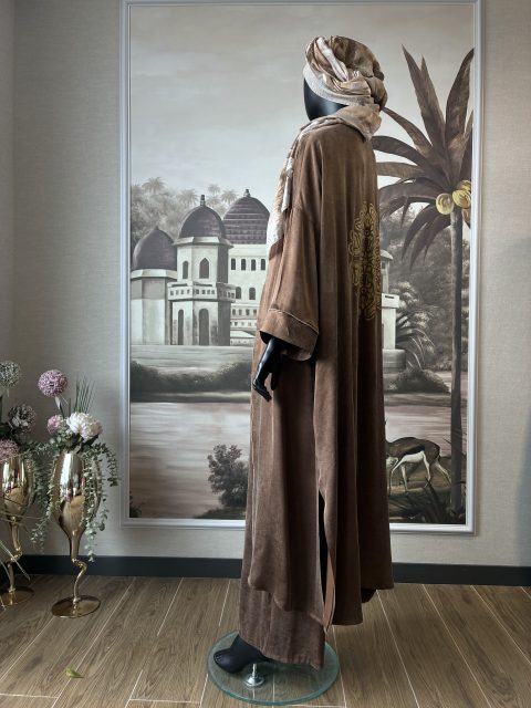 İpek Kupra Kumaş Kimono Takım - Sırtı El Baskılı Altın Desenli