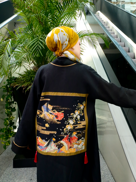 Keten Uzun Kimono - Sırtı Tenugui Desenli Püsküllü Ferace Ceket