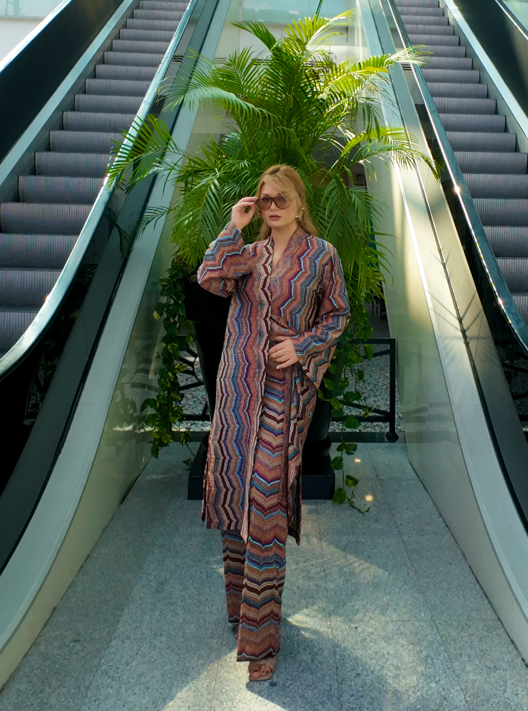 Zigzag Desenli Örme Kimono Takım - Kadın Uzun Ceket Pantolon Kombin