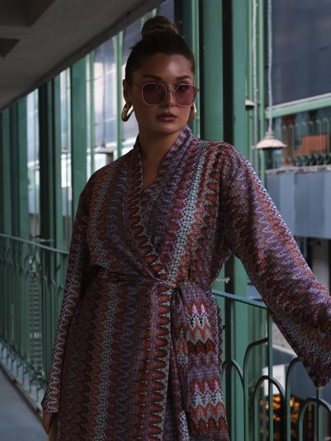 Zikzak Desenli Örme Kimono Pantolon Takım Mor Kiremit