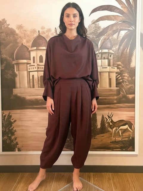 Omzu Boncuk İşlemeli Tencel Pantolon Takım – Bordo
