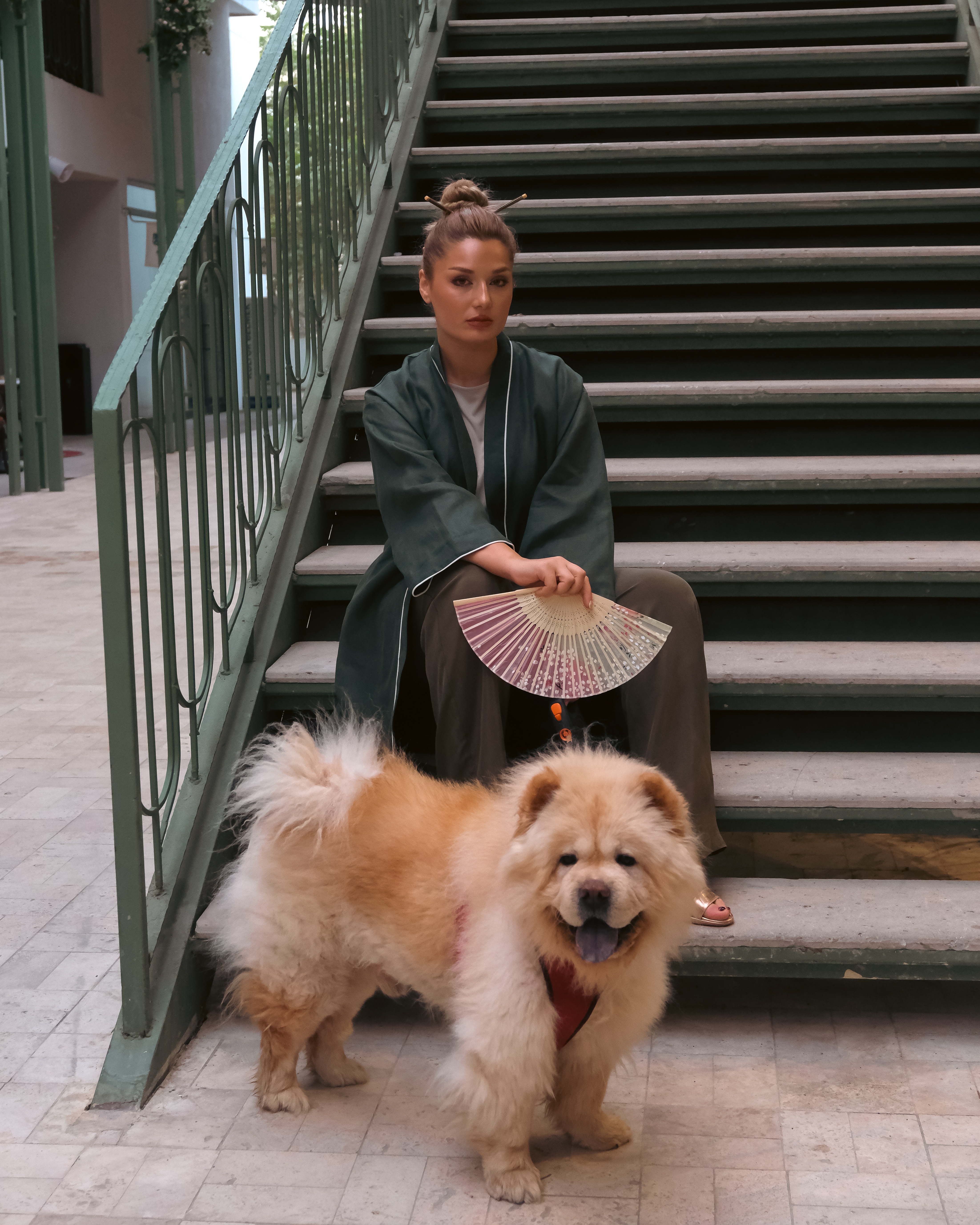 Sırtı Tenugui Japon Mendili Detaylı Keten Kimono Zümrüt Yeşili - Görsel 3