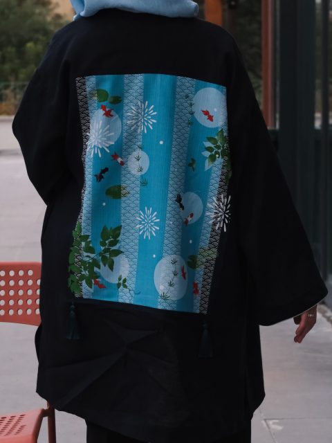 Sırtı Tenugui Mendilli Mavi Biyeli Keten Kimono – Siyah