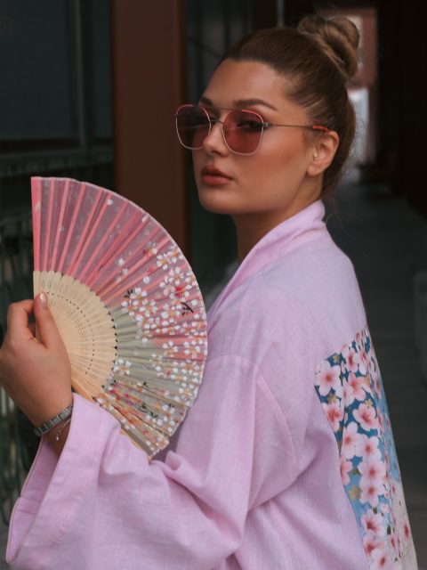 Sırtı Tenugui Mendilli Keten Kimono – Pembe