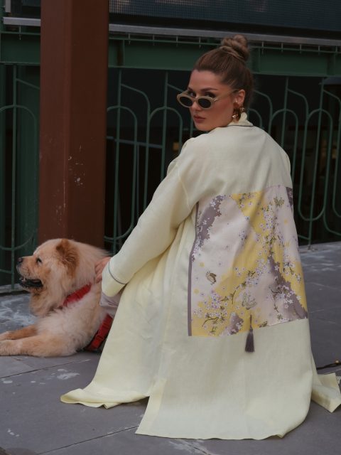 Sırtı Tenugui Mendilli Keten Kimono – Sarı