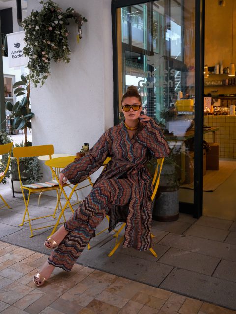 Zikzak Desenli Örme Kimono Pantolon Takım Turkuaz Kiremit