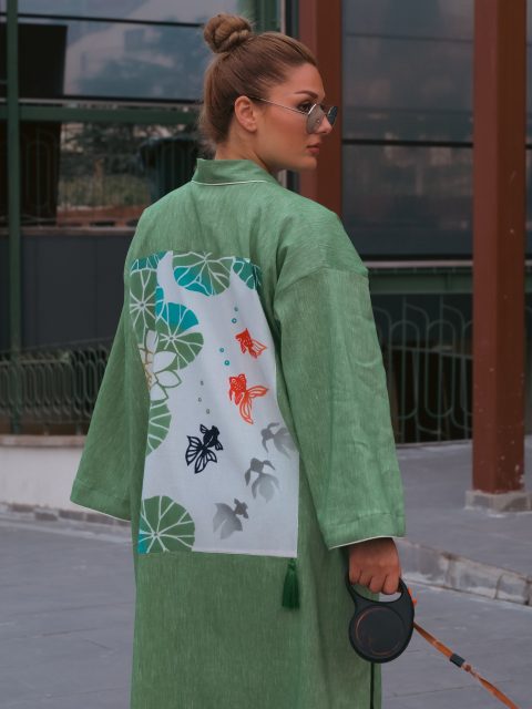 Sırtı Tenugui Mendilli Keten Kimono – Yeşil